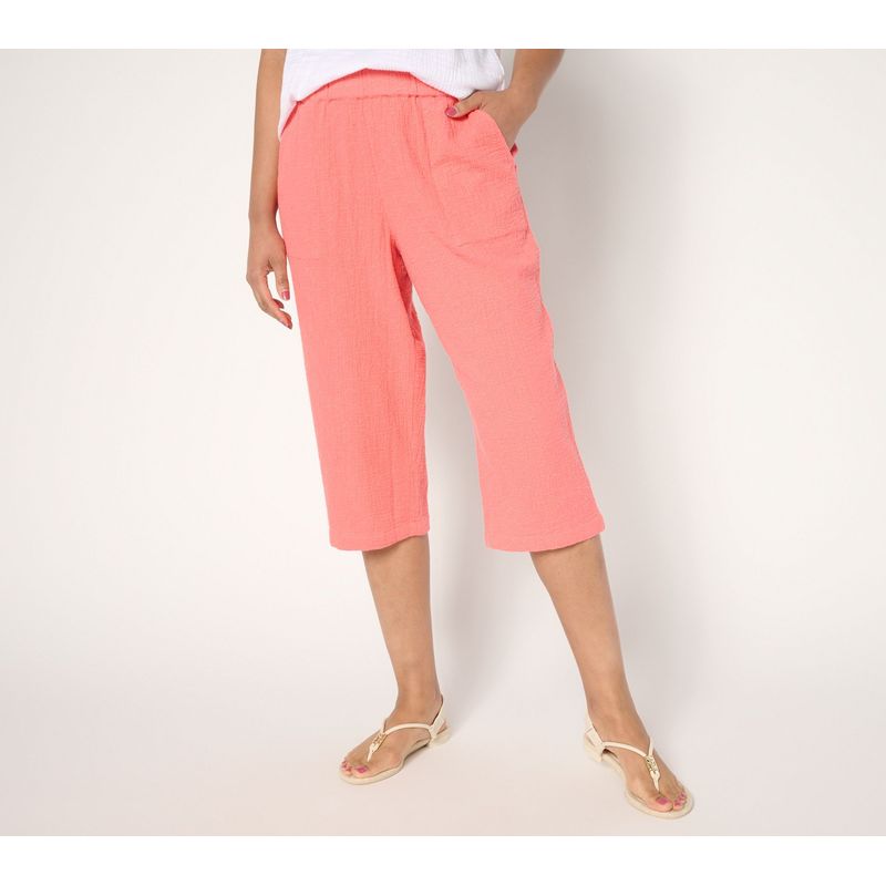 Denim & Co. Women's Petite Pants Pm Beach Cotton Gauze Capri Pant Pink A689808